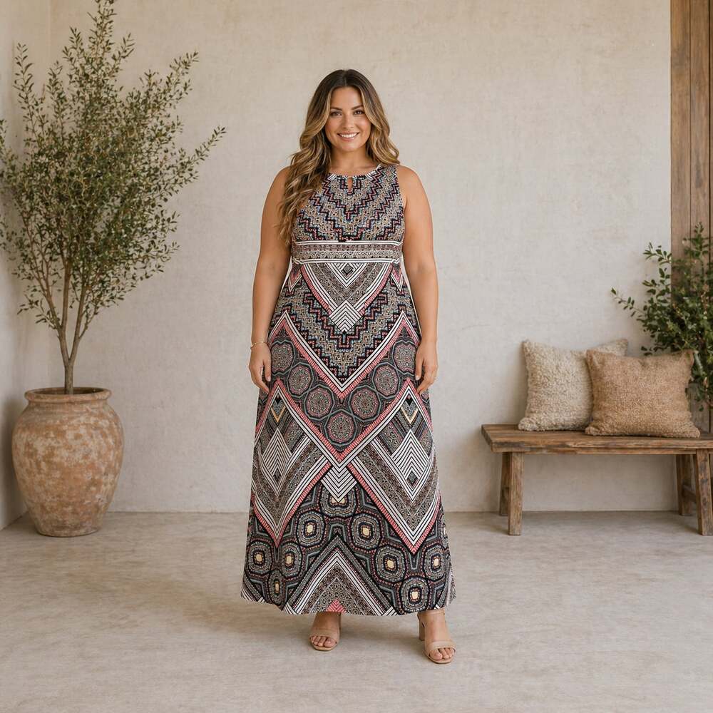 London Times Geometric Tribal Print Maxi Dress Sleeveless Boho Size 16